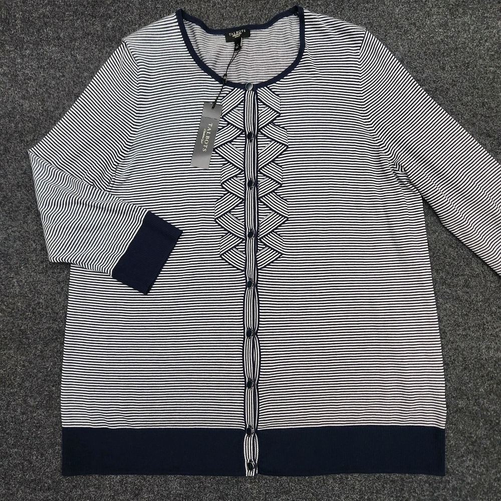 Talbots Womens X Navy White 3/4 Sleeve Button Up Cardigan Sweater Coastal Preppy